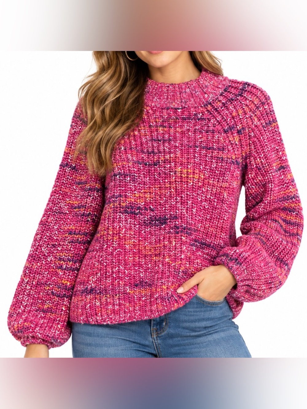 GAP Women’s Small Pink Multicolor Marled Chunky Knit Balloon Sleeve Sweater